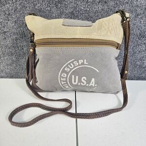 Myra Bag Upcycled Canvas Leather Crossbody Shoulder Bag USA Graphic Gray Tan EUC